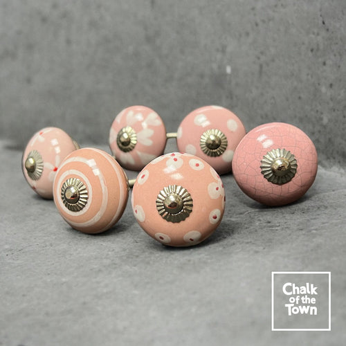Pink Blossom 1 | Σετ από 6 Vintage Κεραμικά Πόμολα | Pink & White Vintage knobs (set of 6) - Chalk Of The Town®