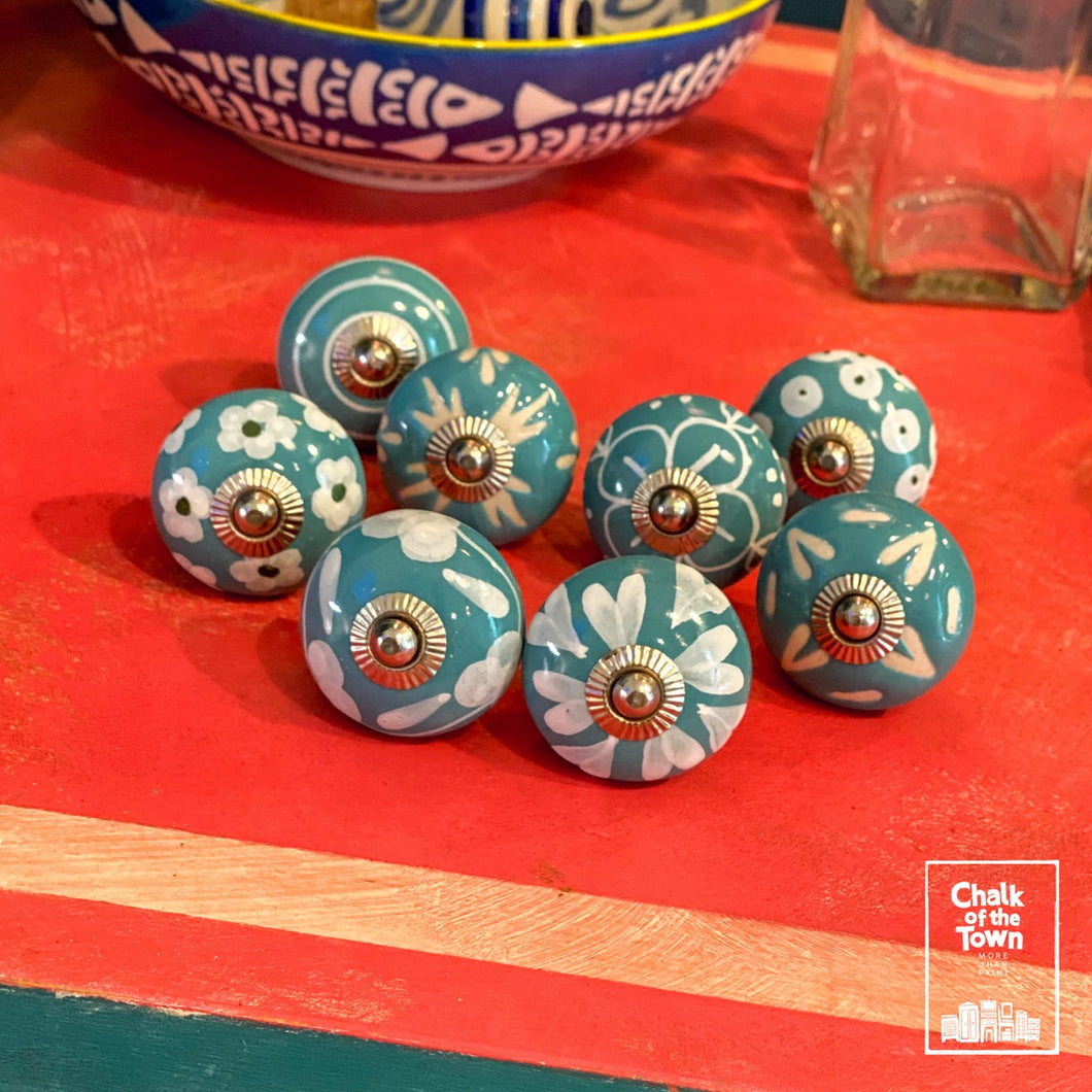 8 Τυρκουάζ Vintage Κεραμικά Πόμολα |Τurquoise Vintage knobs (set of 8) - Chalk Of The Town