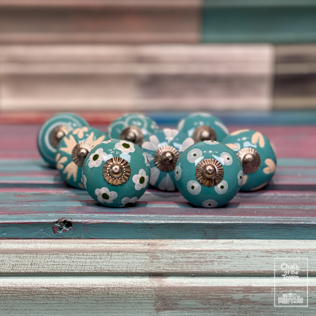 8 Τυρκουάζ Vintage Κεραμικά Πόμολα |Τurquoise Vintage knobs (set of 8) - Chalk Of The Town