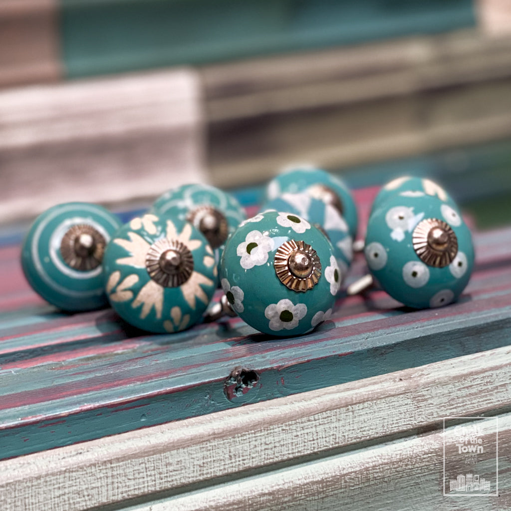 8 Τυρκουάζ Vintage Κεραμικά Πόμολα |Τurquoise Vintage knobs (set of 8) - Chalk Of The Town