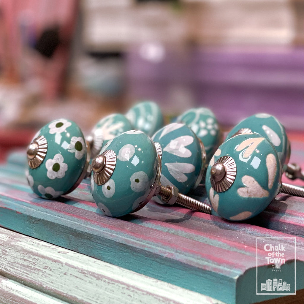 8 Τυρκουάζ Vintage Κεραμικά Πόμολα |Τurquoise Vintage knobs (set of 8) - Chalk Of The Town
