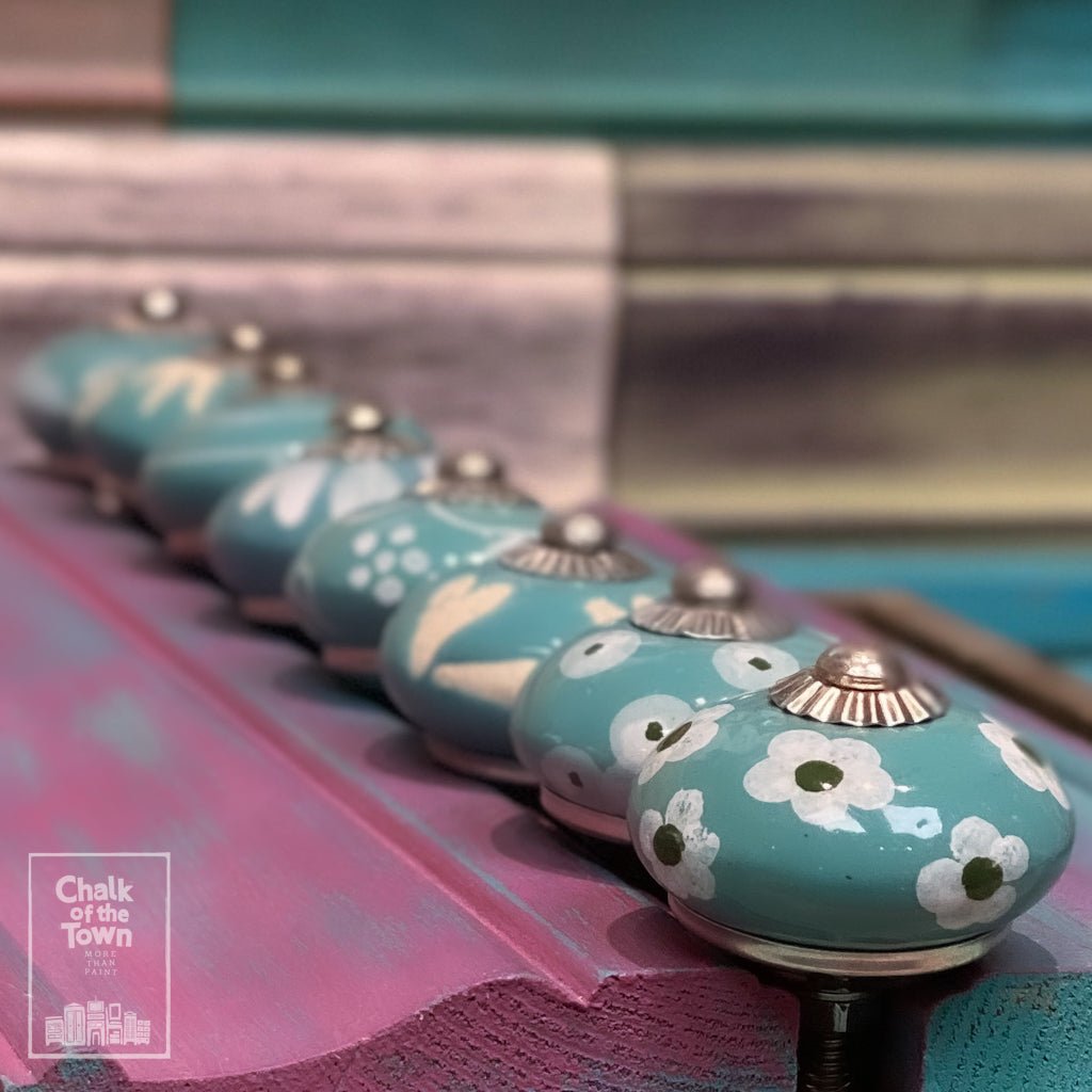 8 Τυρκουάζ Vintage Κεραμικά Πόμολα |Τurquoise Vintage knobs (set of 8) - Chalk Of The Town