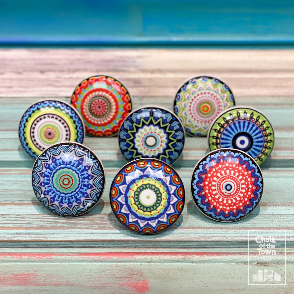 Σετ από 8 πολύχρωμα Boho Mandala Κεραμικά Πόμολα - design 2| Colorful Boho Vintage Mandala knobs (set of 8) - Chalk Of The Town® 