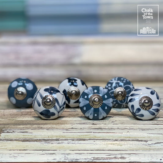 Σετ από 6 Vintage Κεραμικά Πόμολα |Γκρι - Λευκό | Grey - White  | Vintage knobs (set of 6) - Chalk Of The Town® 